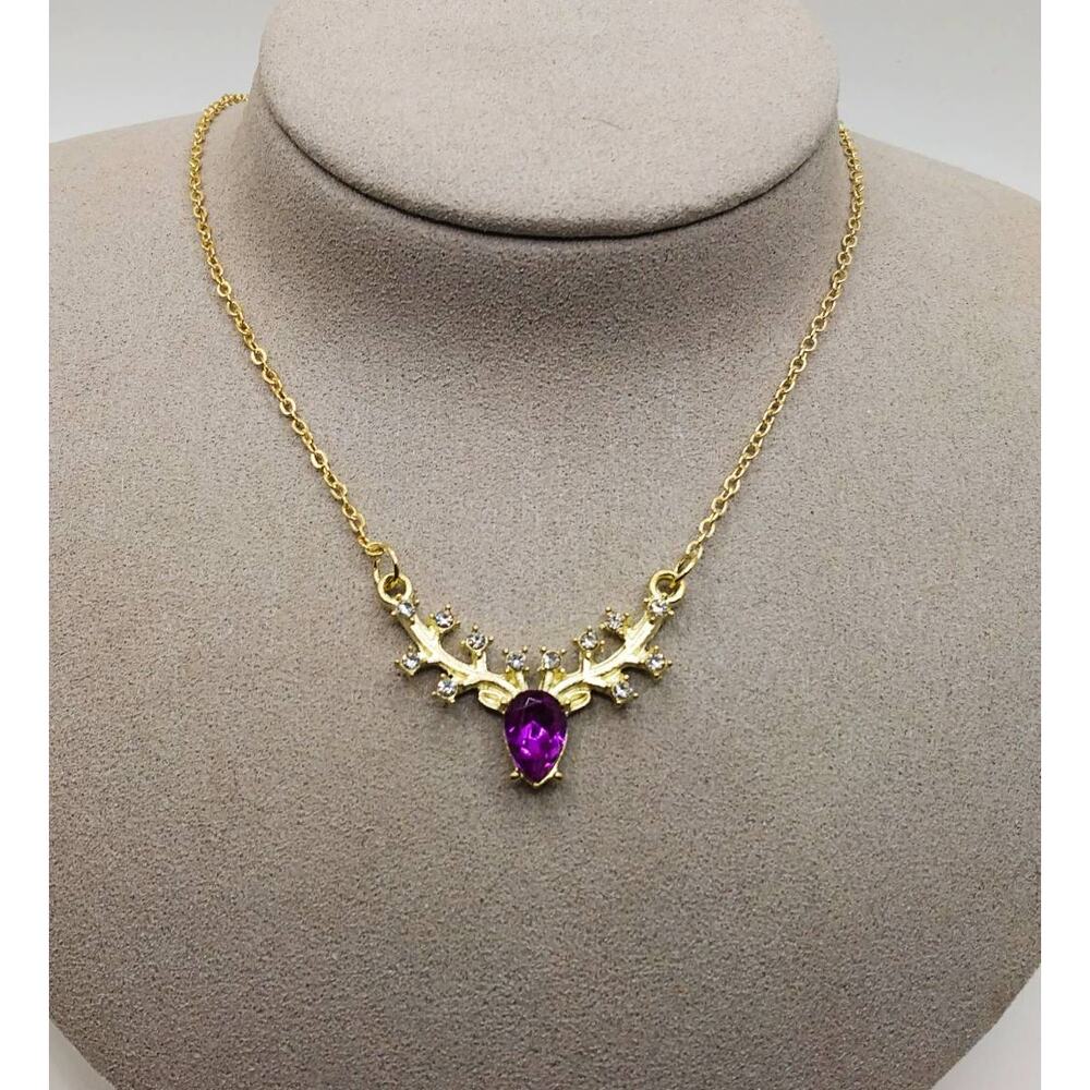 Gold Deer Rhinestone Necklace Nature Woodland Pendant Cute